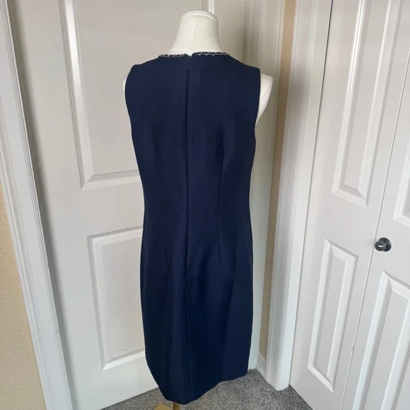 Karl Lagerfeld Paris Women's 6 Tweed Navy Dress with Pearl and Chain Detail - Picture 3 of 7